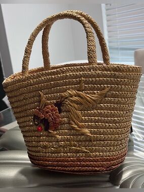 Handwoven Natural Straw Tote with Fish Embroidery - Natural